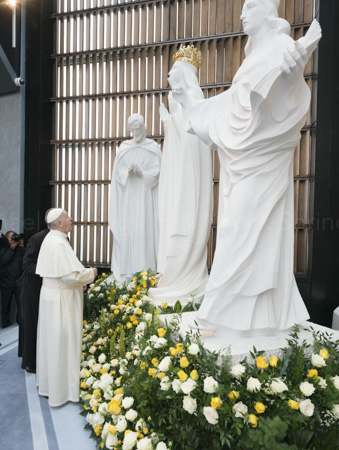 Pope Francis stands at the statue of Our Lady in the Apparition Chapel Knock Shrine