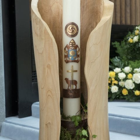 Papal candle stick by Tom and Tomas Cunnane, Knock. Candle relief by Trudy Burke