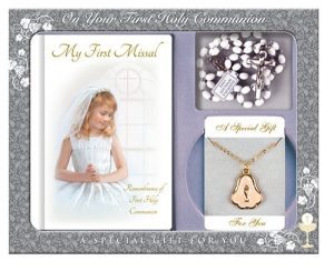 Communion Gift Set - Girl with White Rosary & Chain