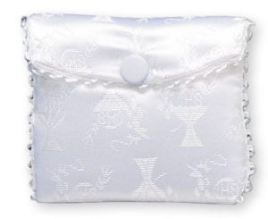 White First Communion Rosary Purse With Silk Embroidery