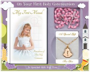 First Communion Gift Set With Pink Rosary Beads